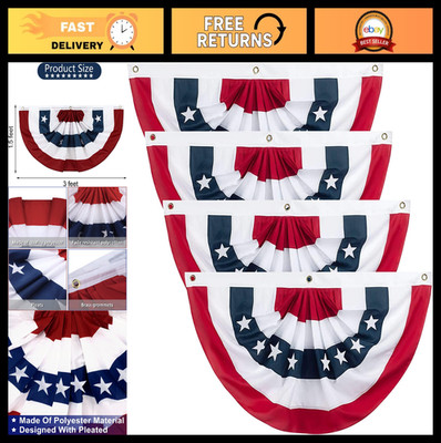 Patriotic Pleated Fan Flag Bunting - Red White Blue Half Fan Banner with Grommet