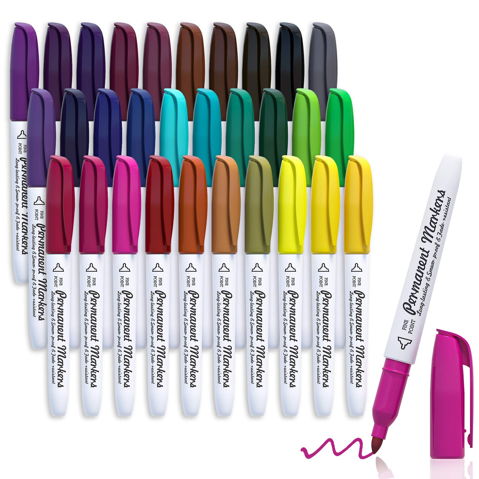 30 Colors Permanent Markers, Fine Point, Assorted Colors, Works on Plastic,Wo...