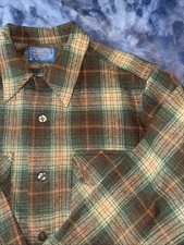 PENDLETON Men's Medium Vtg 60's Green Flannel Plaid Wool Loop Collar Board Shirt