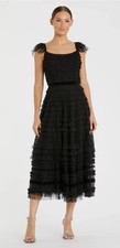 Mac Duggal Black Mesh Ruffle Square Neck Cap Sleeve Midi Dress 10 MPN 8054