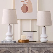 20 Inch White Ceramic Table Lamp Set of 2 with Oatmeal Fabric Shade, 3-Way Di...