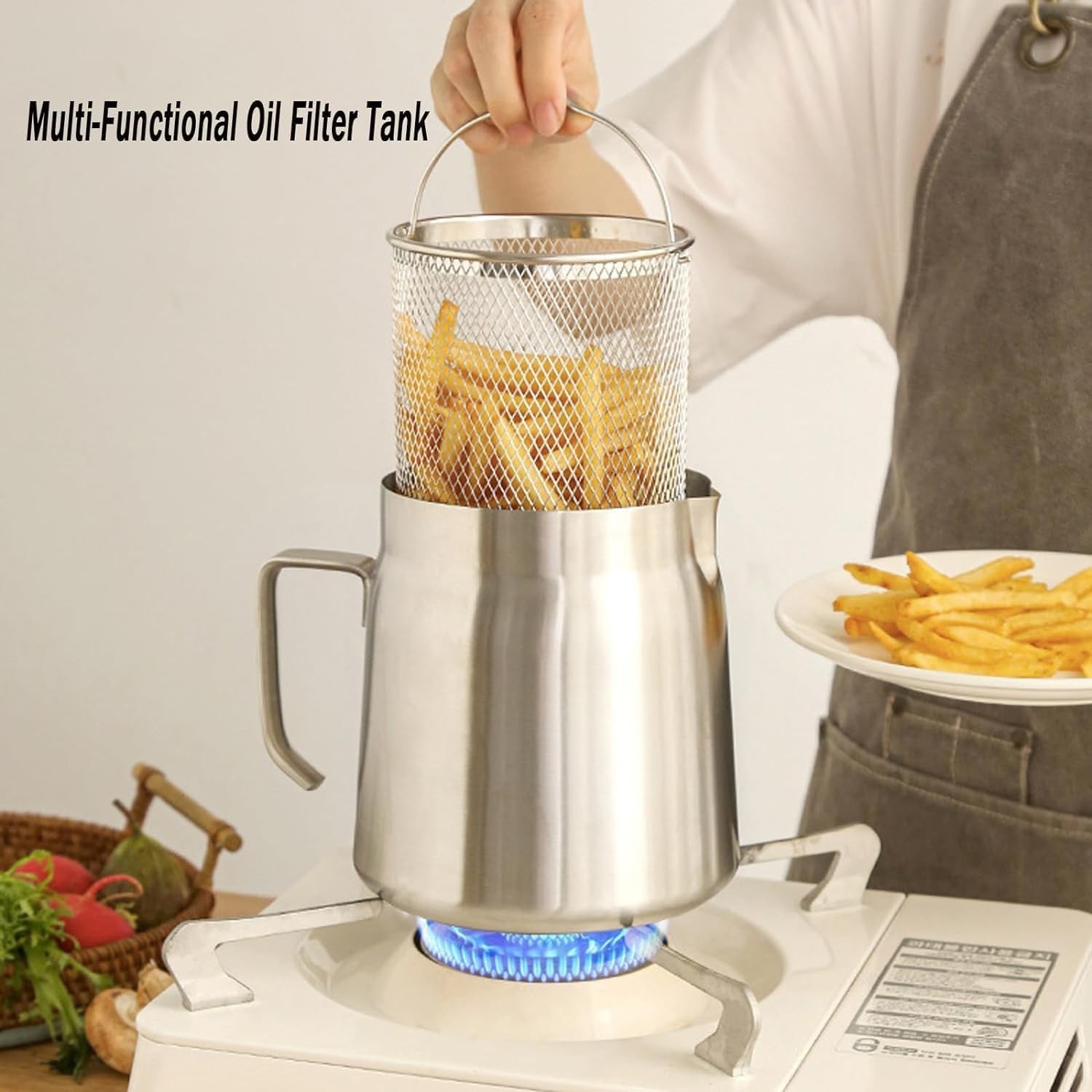 50Oz 304 Stainless Steel Deep Fryer Pot with Basket & Strainer, Large Capacity