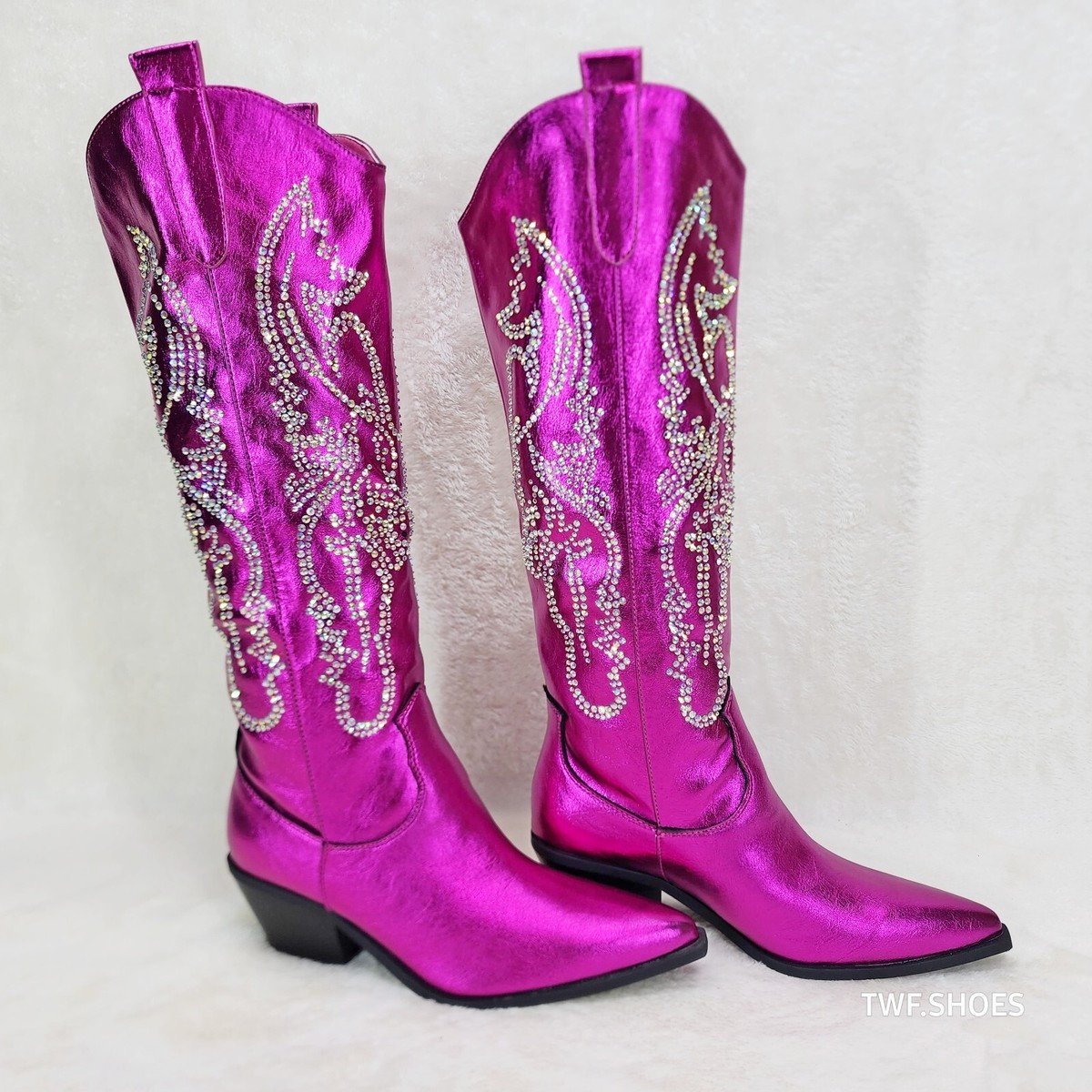 【EEUN】Pinking boots cotton pt Razzle Metallic Pink Fuchsia Country Western Cowgirl Knee