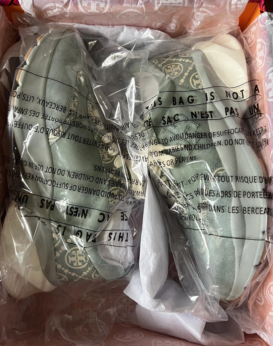 NIB TORY BURCH T Monogram Good Luck Trainer Blue Celadon Women's Shoes Size  9.5M