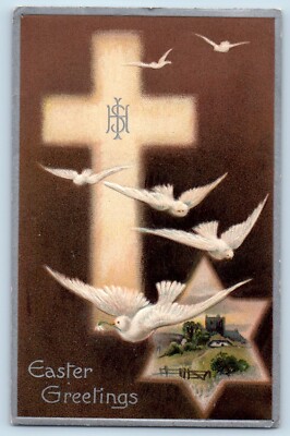 Easter Postcard Greetings Holy Cross Dove Birds Embossed Unity Maine ME c1910's