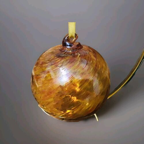 Hand Blown Art Glass Amber Swirl Orb Witch Ball Sphere Ornament w/Gold Ribbon - Picture 3 of 3