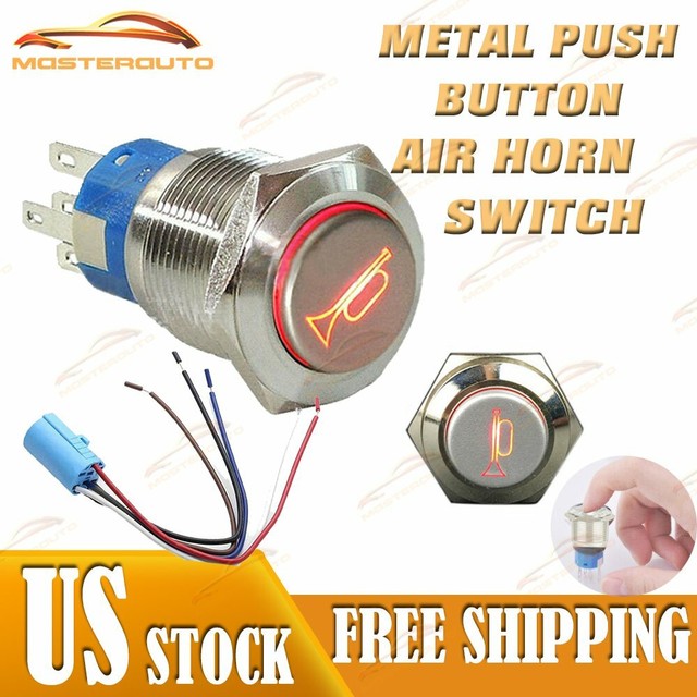 12V Socket Plug+LED Lighted Momentary Metal Push Button Air Horn Switch
