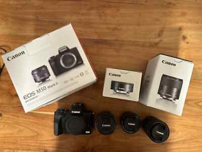 Canon EOS M50 Mark 2 Zubehörpaket; 15-45mm, 22mm, 32mm Objektive; wie NEU!