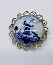 Delft Signed Blue White Pained Windmill Vintage 20's Dainty Round Brooch