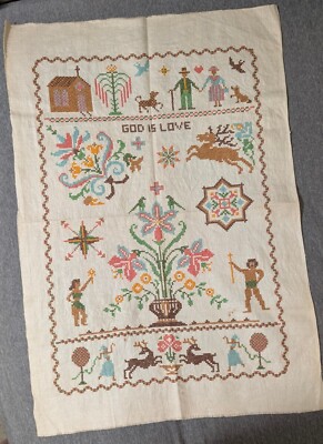 Vintage ''GOD IS LOVE'' Cross Stitch Finished Piece