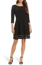ELIZA J  BLACK SHEER MESH STRIPE PINTUCK FIT FLARE SWEATER DRESS sz XS