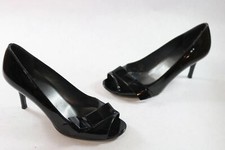 Women's Stuart Weitzman 7 M Peep Toe Bow Dress Heels Evening Black Patent A035