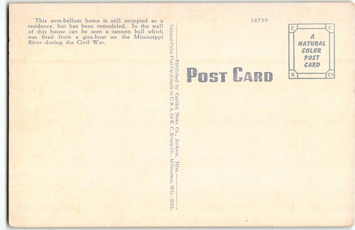 Ante Bellum Home, Vicksburg, MS Civil War Cannon Ball in Wall 1940s Postcard - Picture 2 of 2
