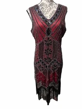 1920's Flapper Dress w/Babeyond  Women’s Size XL Red/Black Sequined Stretch