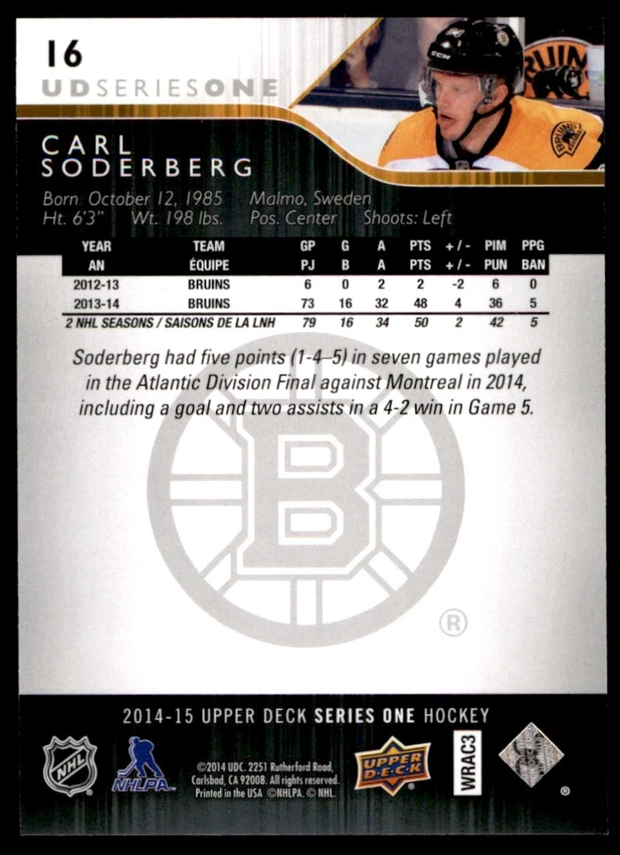 2014-15 Upper Deck Carl Soderberg Boston Bruins #16 - Image 2 of 2