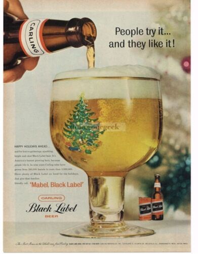 1958 ÉTIQUETTE NOIRE CARLING coupe à bière avec arbre de Noël annonce imprimée vintage  - Photo 1 sur 1
