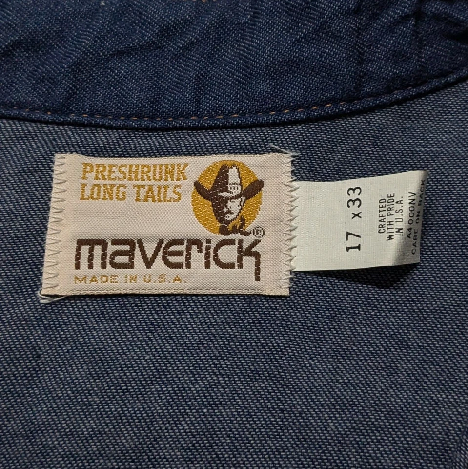 Camisa a Presión De Colección Años 70 Maverick Azul Denim Perla Para Hombres 17 x 33 Vaquero Occidental EE. UU. Foto 3 de 4