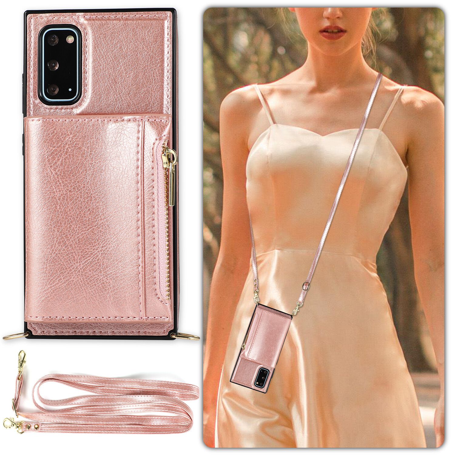 Phone Case PU Leather Credit Bank Card Holder Back Cover Shoulder Strap Cord-image