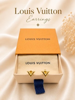 Authentic Louis Vuitton Essential V Gold Tone Hoop Earrings LV Logo