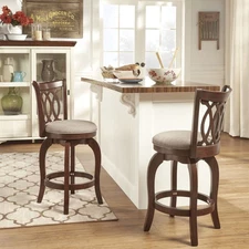 2 Piece Counter Stool Set Cherry Finish Wood Frame Gray Dining Room 24" Height