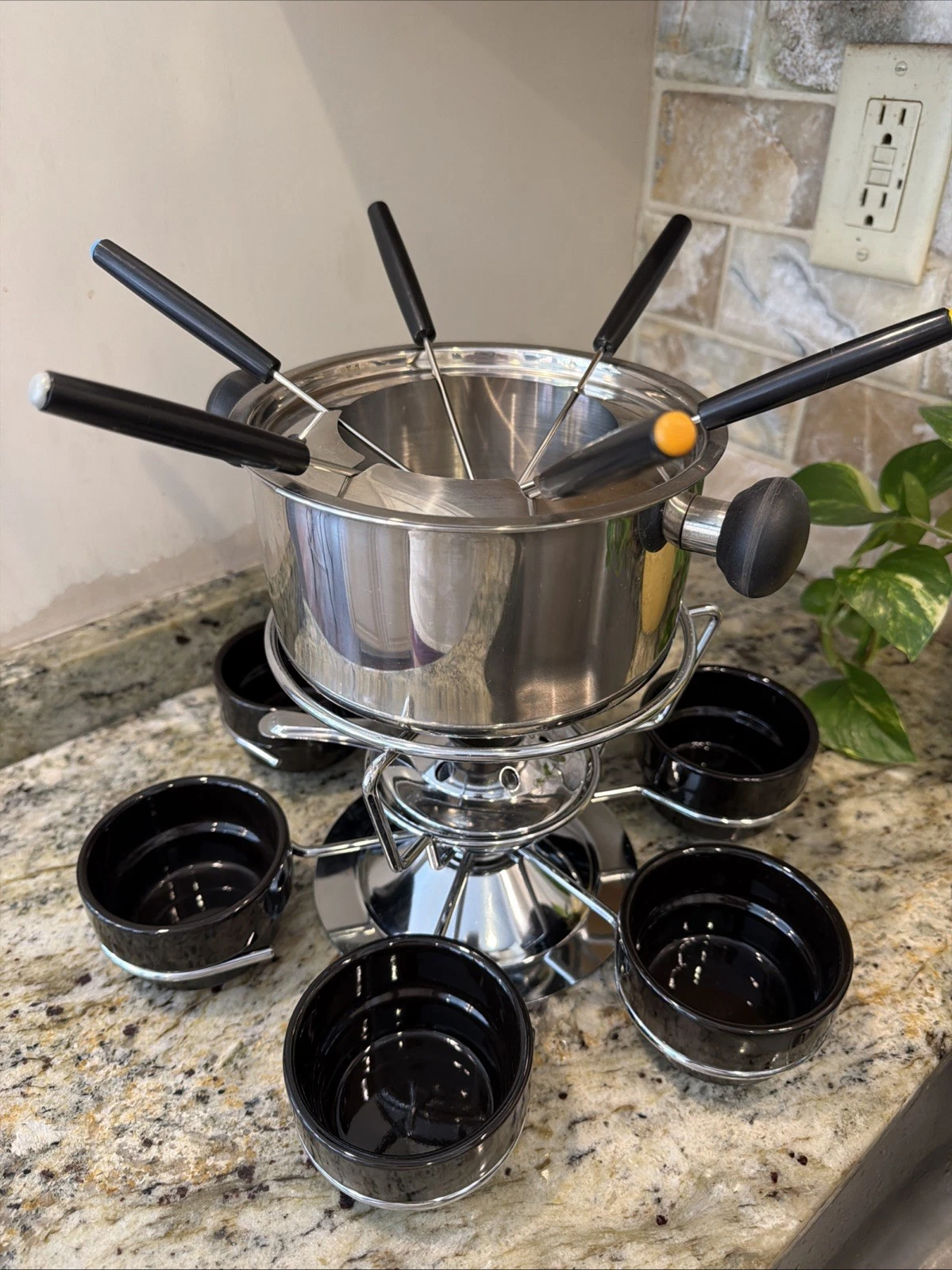 Stainless Steel Fondue Set Black Bowls And Forks