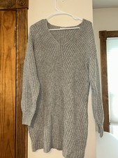 American Eagle Gray Solid Knit V-Neck Long Sleeve Sweater Dress Short Size M