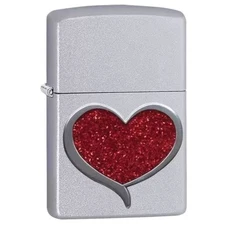Zippo Windproof Pocket Lighter Glitter Heart Silver Satin Chrome Finish 29410