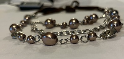 Brown And Silver Long Necklace With Tie For Adjusting To The Length Desired ￼￼