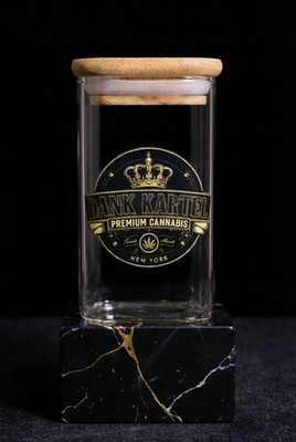 Dank Kartel Brand Dispensary Square Collectible Glass Stash Jar with wooden lid