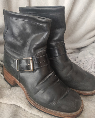 CODE WEST WOMENS BLACK LEATHER HARNESS ZIP TOP BIKER BOOTS, SIZE 7M