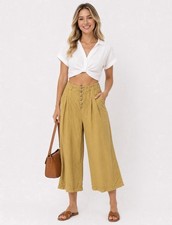 Anthropologie Womens Wide Leg Flare Pants Cropped Oceanside Mustard Size XS