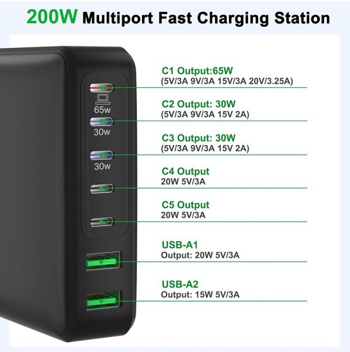 Bloc Chargeur USB C, 200W Bloc Chargeur 7 Ports Station de Charge Rapide... Envoi Rapide - Photo 4 sur 6