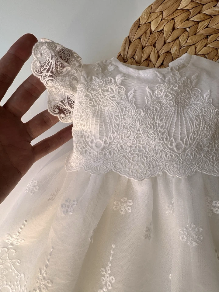 Vestido de bautizo, hecho a mano de algodón blanco roto vestido de bautizo para fiesta de bebé niña Foto 3 de 4
