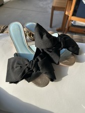 Frances Valentine Black Bow Mule Open toe Shoe/ Sz 6 Gold Faceted Kitten Heel