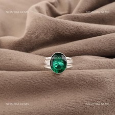 Oval Lab Green Emerald Gemstone Engagement Solitaire Ring 925 Sterling Silver