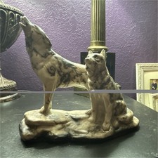 Native American Made Ceramic Horsehair Wolf Pair 
