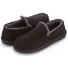 FLOOPI MEN  S CLASSIC MICROSUEDE MOCCASIN SLIPPER SIZE 11-12 - MEN L - BLACK