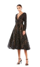 Mac Duggal 67529 Black Nude Sequin Long Sleeve V-Neck Midi Dress Size 8 598