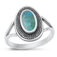 Genuine Turquoise Oval Bali Halo Rope Ring 925 Sterling Silver Band Sizes 5-10