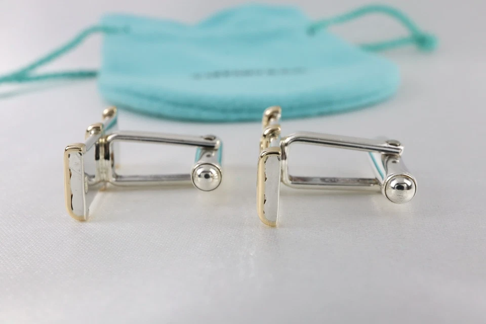 Прямоугольные запонки Tiffany & Co. серебро 925 и 14 карат желтое золото с чехлом - Изображение 3 из 4