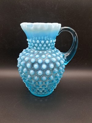 5.75'' Fenton Art Glass Blue Opalescent Hobnail Syrup Pitcher, Crimped Rim, 1940s