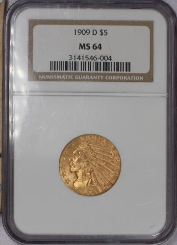 1909-D Gold Indian $5 NGC MS64. Older holder.