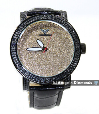 Mens Natural Diamond Black Clubbing Watch Dk Gold Bling Dial 9