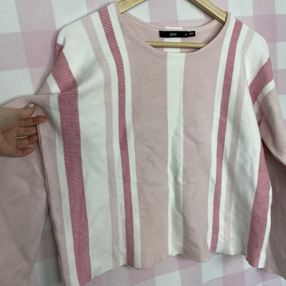 SPORTSGIRL Size Small Knit Jumper Pink White Stripe Long Sleeve