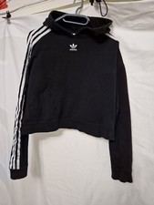 Adidas Hoodie Womens UK8 Black White Stripes Cropped Pullover