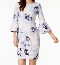 STUNNING! Calvin Klein Cream Purple Black Floral Bell Flutter Sleeve Dress Sz 6
