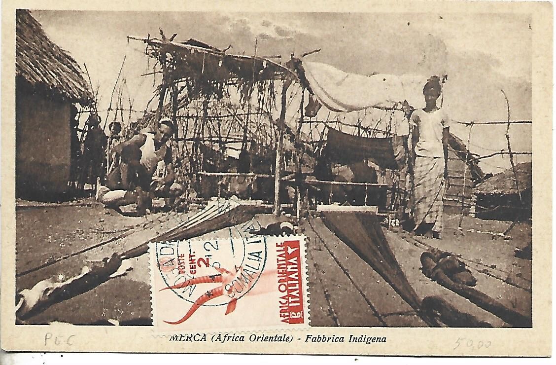 1938 AFRICA ORIENTALE ITALIANA 2C SU CARTOLINA MERCA FABBRICA INDIGENA