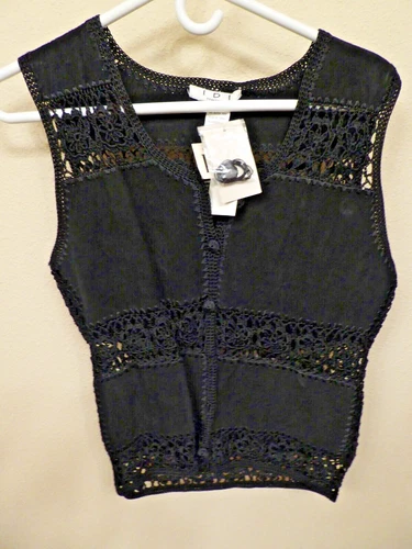 NWT Suede Crochet Black Vest Sleeveless Leather Top Short Womens Size Medium