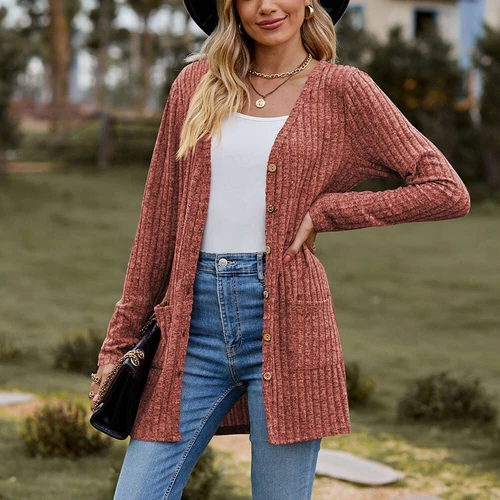 Damen Strickjacke Langarm vorne offen drapiert Pullover Knopfleiste Basic Cardigan - Bild 28 von 32