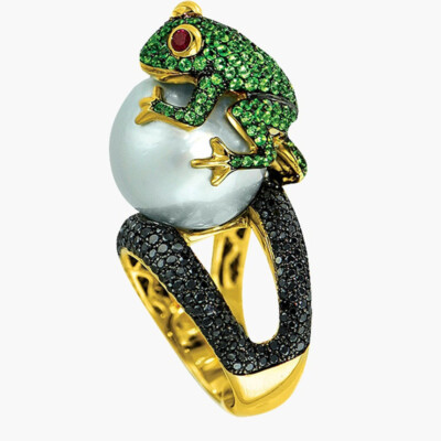 Fashion Frog Wedding Ring 18k Yellow Gold Plated White Pearl